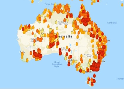 Wildfires burning across Australia on Jan. 3, 2020.